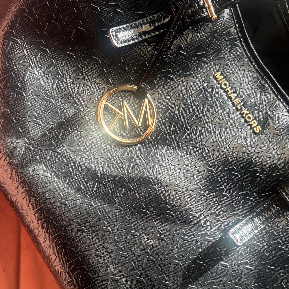 Michael Kors Black Embossed MK Tote with Gold Accent